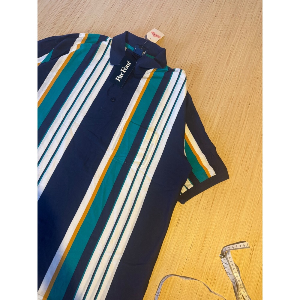 Par Four Mens Large Polo Shirt Navy Blue Teal Striped Cotton Short Sleeve NWT 44